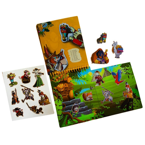 jogo infantil com figuras recortadas, caderno espiral amarelo e base ilustrada colorida