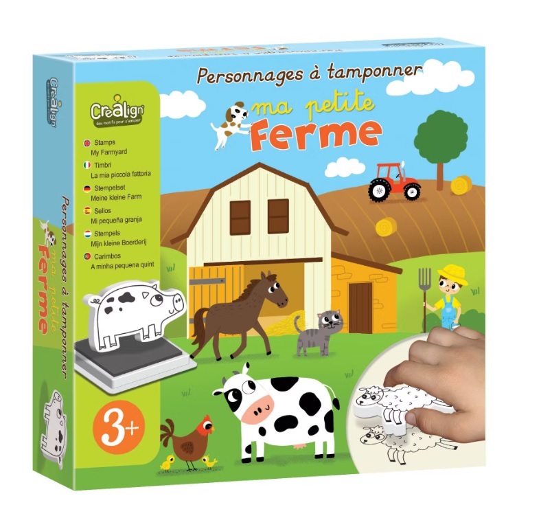 Caixa de carimbos de animais de quinta para crianças com ilustrações coloridas e texto em francês