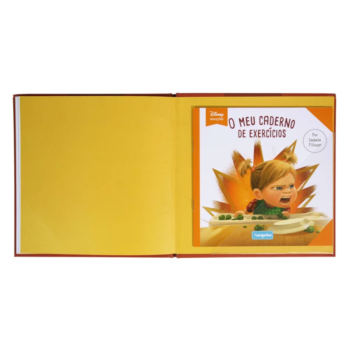 Livro infantil aberto com capa de caderno de exercícios Disney e imagem de criança