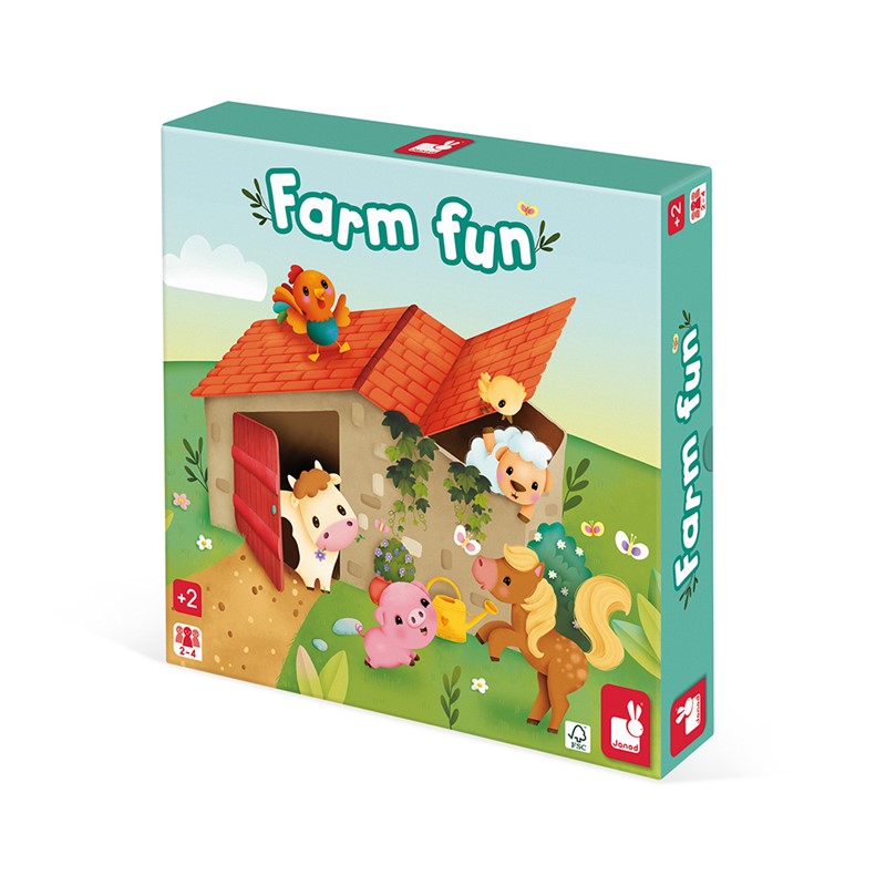 Caixa colorida do jogo Farm Fun com animais de quinta e celeiro ilustrados