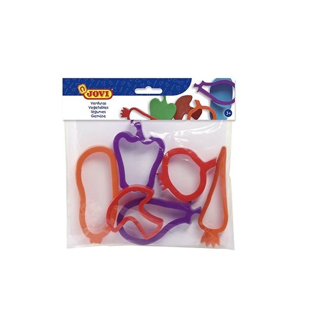 Moldes de plástico coloridos para cortar massa em forma de legumes em embalagem transparente