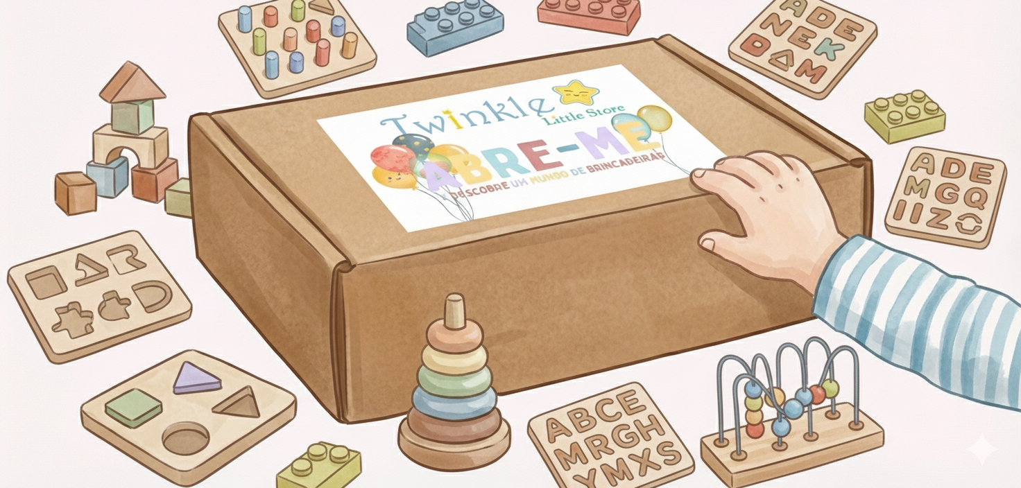 Caixa castanha com etiqueta colorida rodeada por brinquedos de madeira e mão de criança a tocar na caixa