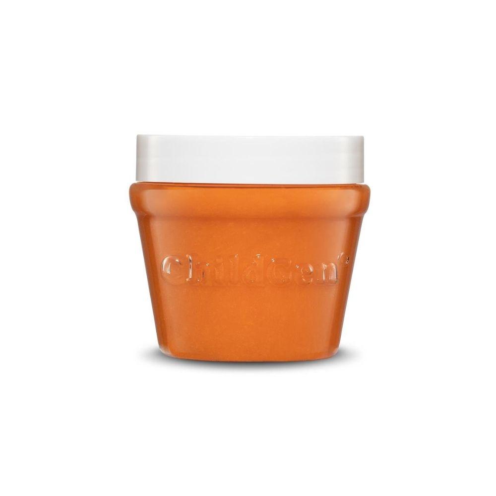 Frasco de creme laranja com tampa branca e texto em relevo Cha Ling