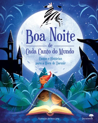 Capa de livro infantil com duas crianças lendo e animais sob uma lua cheia