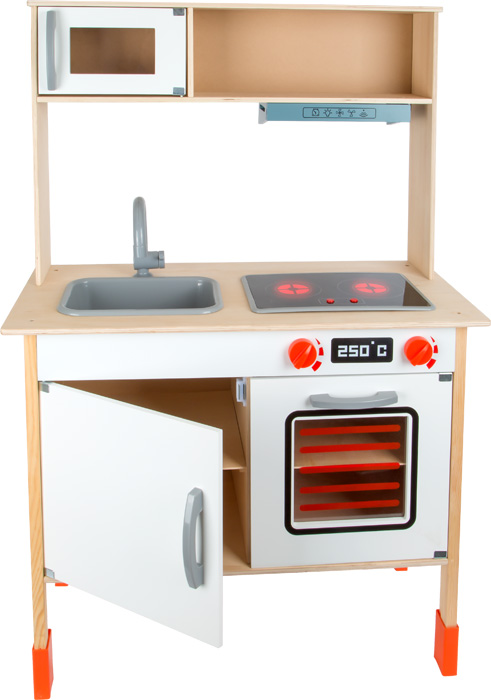 Cozinha de brincar em madeira com forno e fogão com luzes vermelhas e micro-ondas