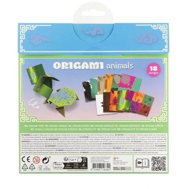 Conjunto de origami com 18 designs de animais em papel colorido e estampado