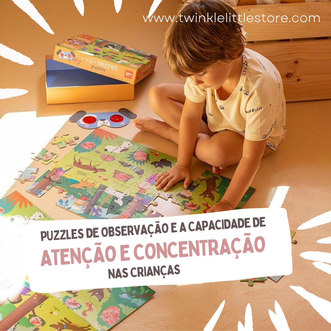 Criança montando puzzle colorido de animais no chão, caixa do puzzle ao lado, texto promocional em português.