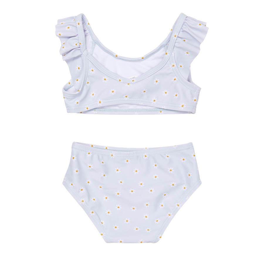 Conjunto de bikini infantil branco com flores amarelas e brancas e alças com folhos