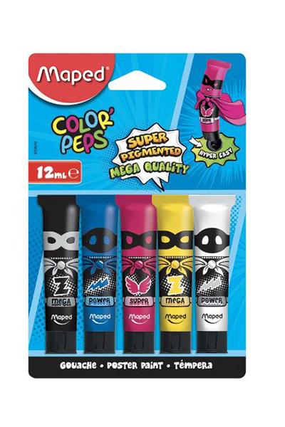 Conjunto de 5 tubos de tinta guache Color Peps Maped com embalagem azul e figura de super-herói.