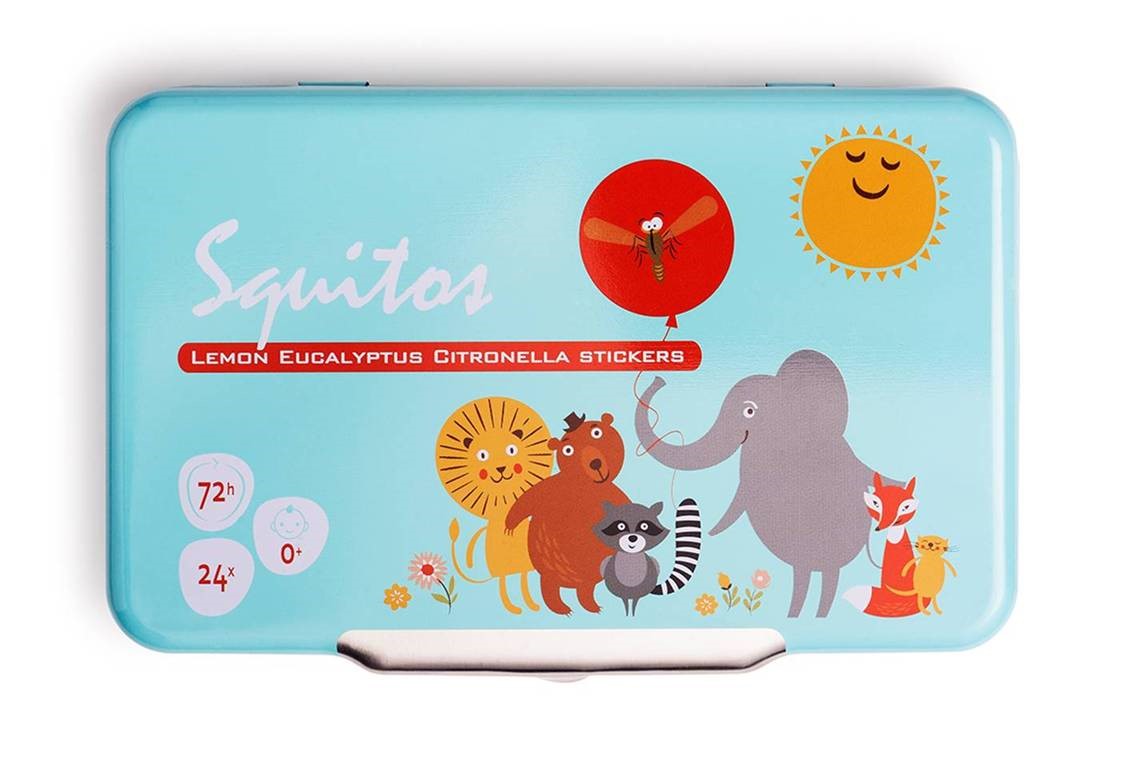 Caixa azul claro com ilustração de animais e texto Squitos