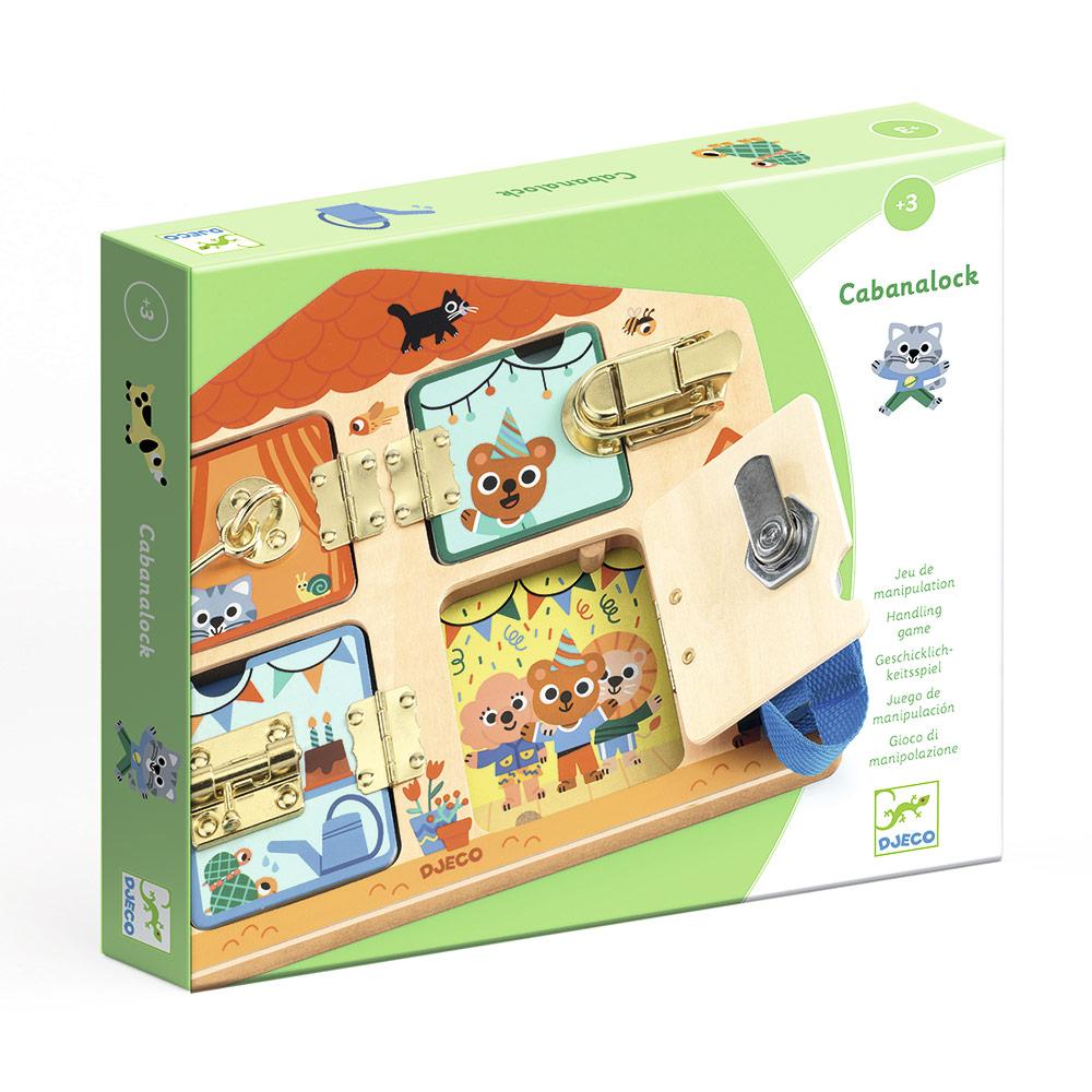 Brinquedo de madeira com fechos metálicos, desenhado com animais, em caixa verde e branca Cabanalock.