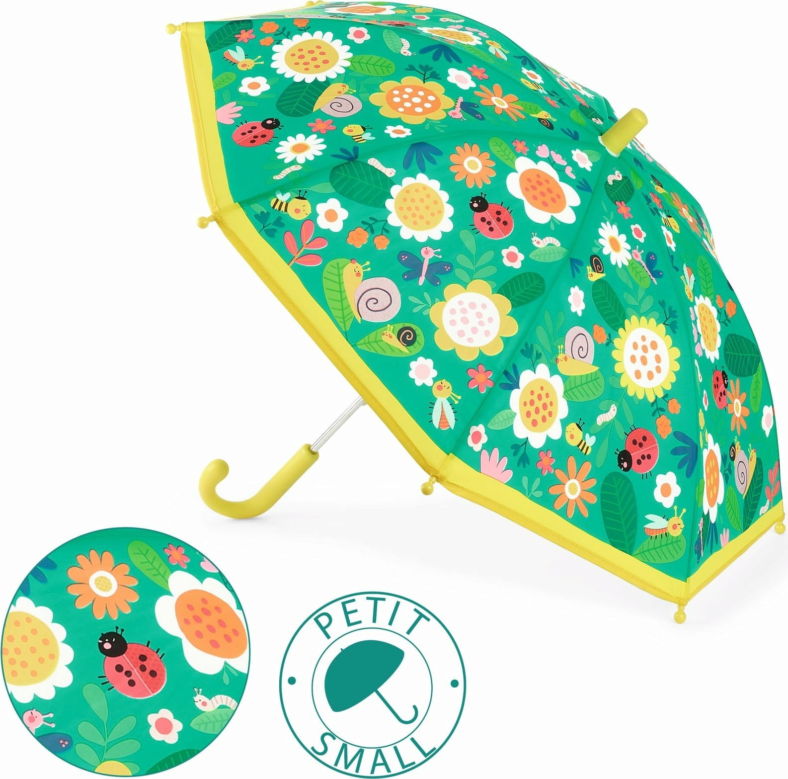 Guarda-chuva infantil colorido com padrão floral e animais sobre fundo verde.