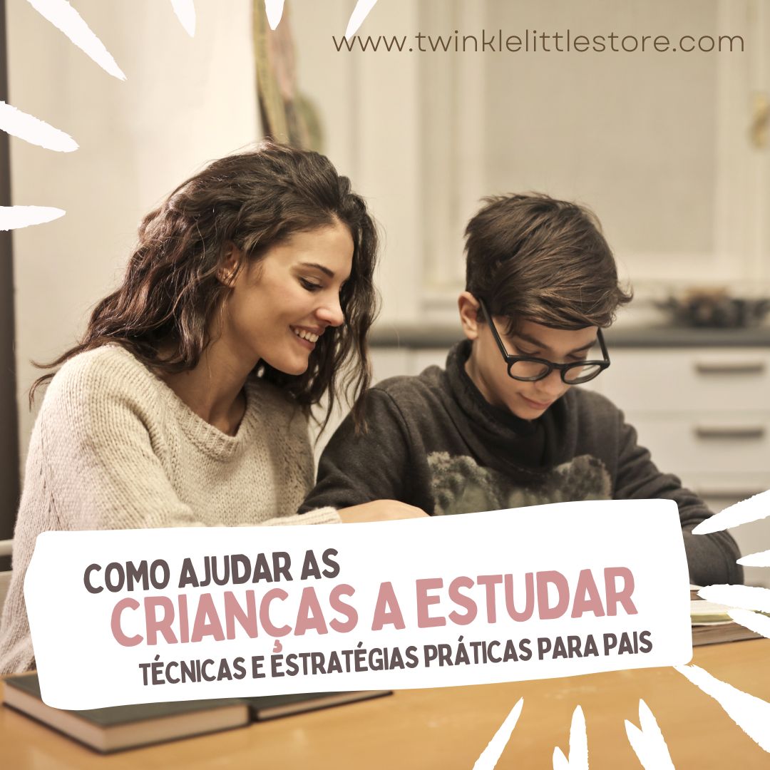 Mulher e menino a estudar numa mesa com texto promocional em português.