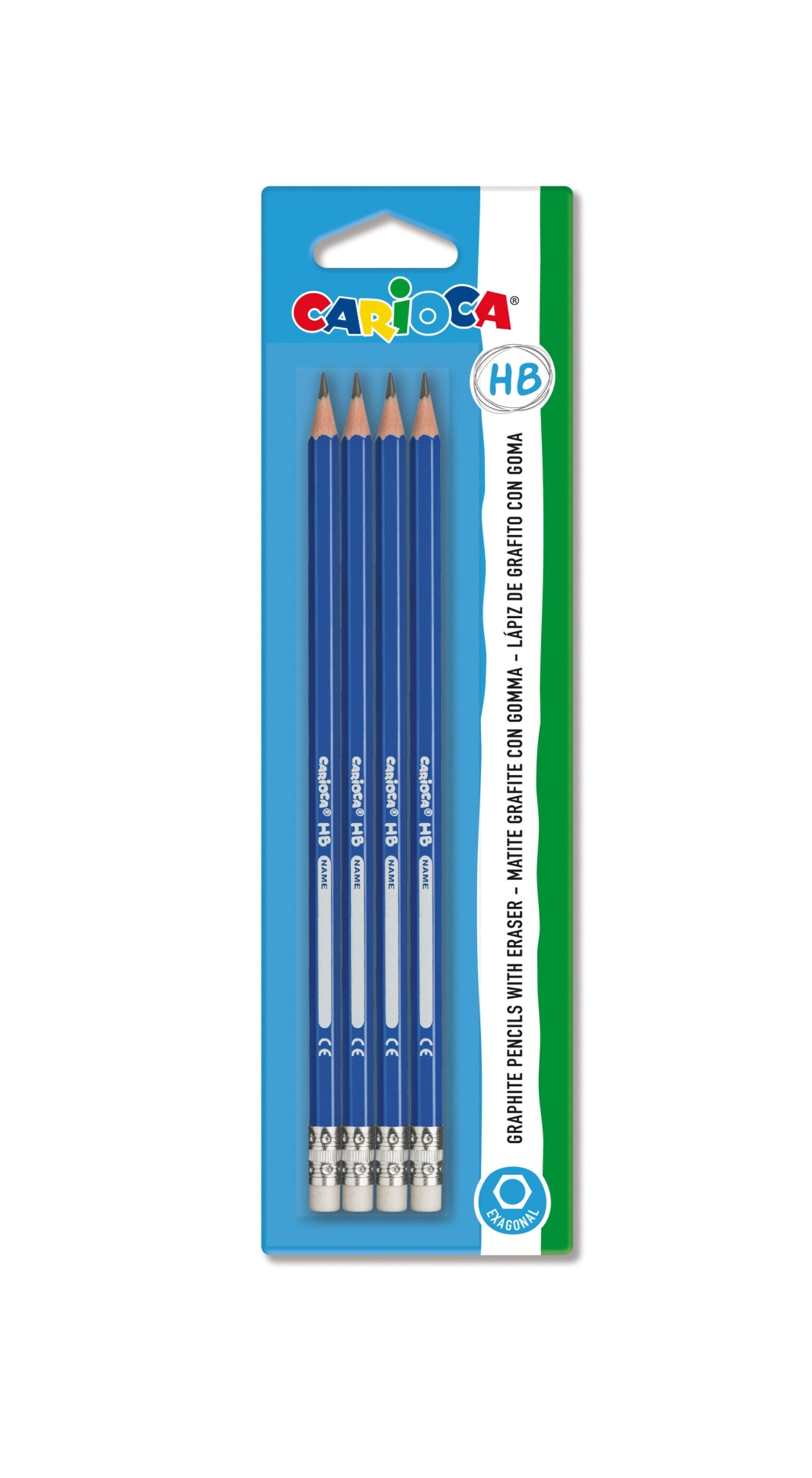 Conjunto de cinco lápis de grafite HB azuis com borracha em embalagem