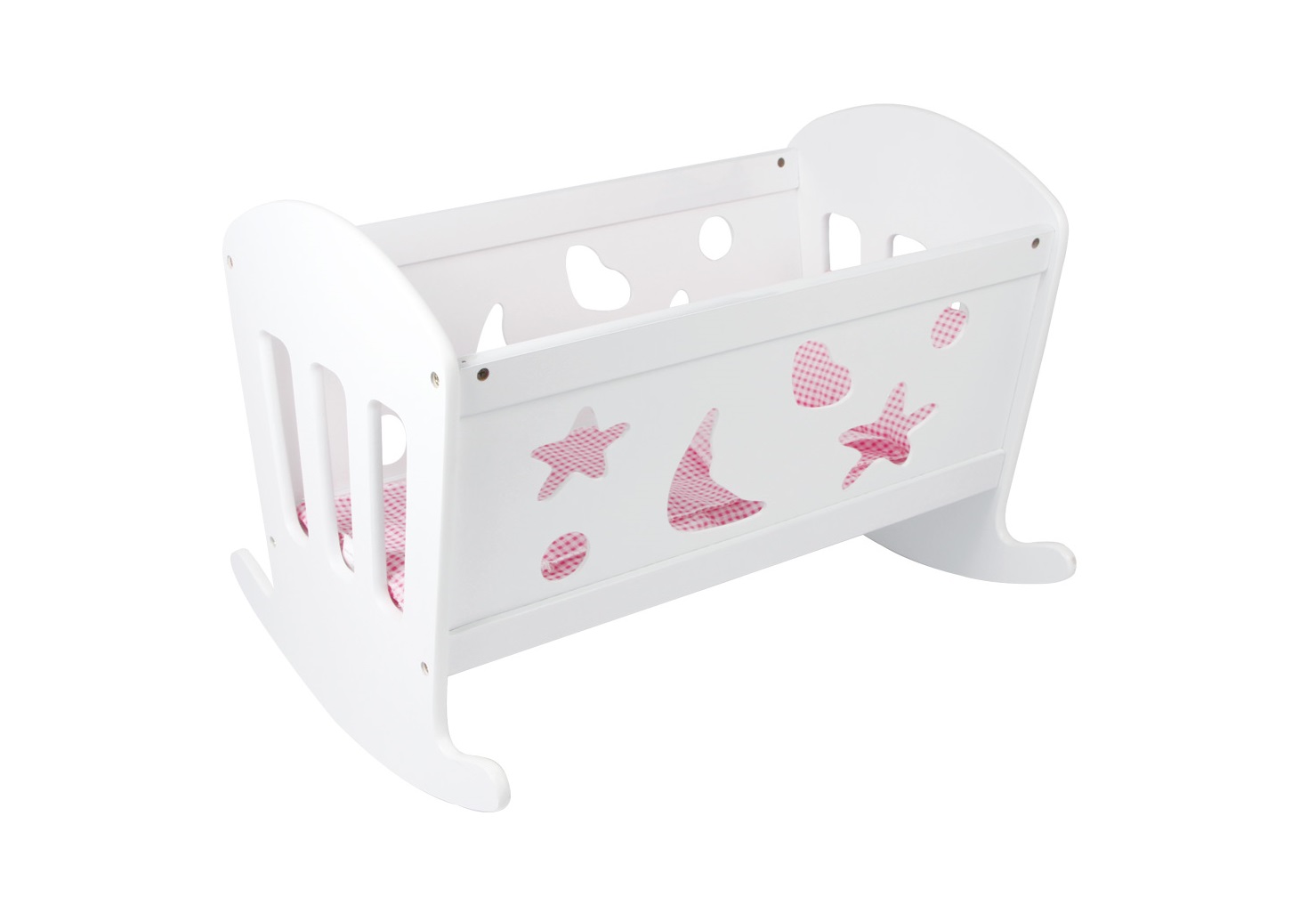 Berço infantil branco com desenhos rosa e laterais vazadas