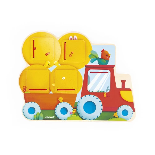 Puzzle infantil de madeira em forma de tractor vermelho com blocos amarelos