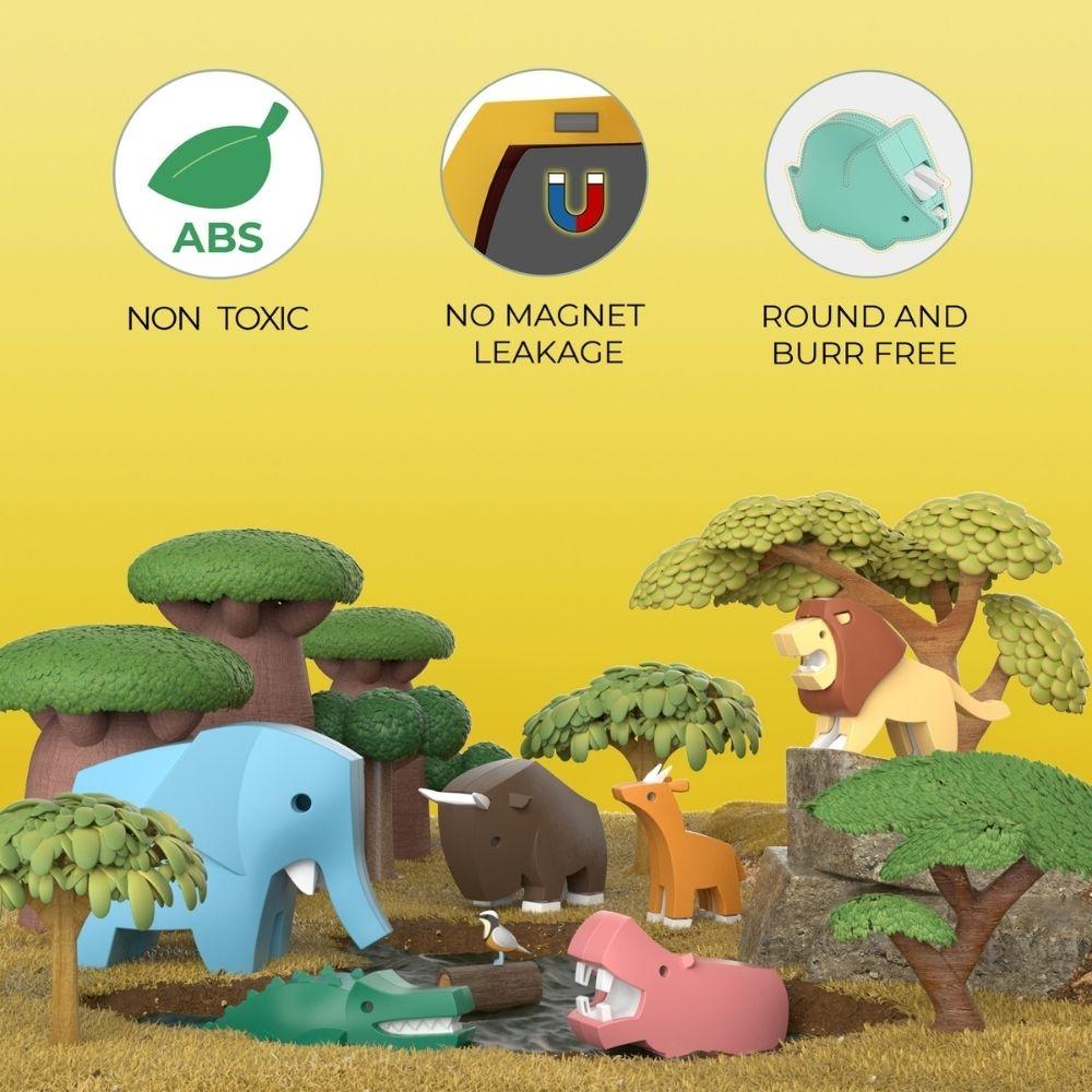 Brinquedos de animais e árvores em miniatura num cenário de floresta com texto explicativo