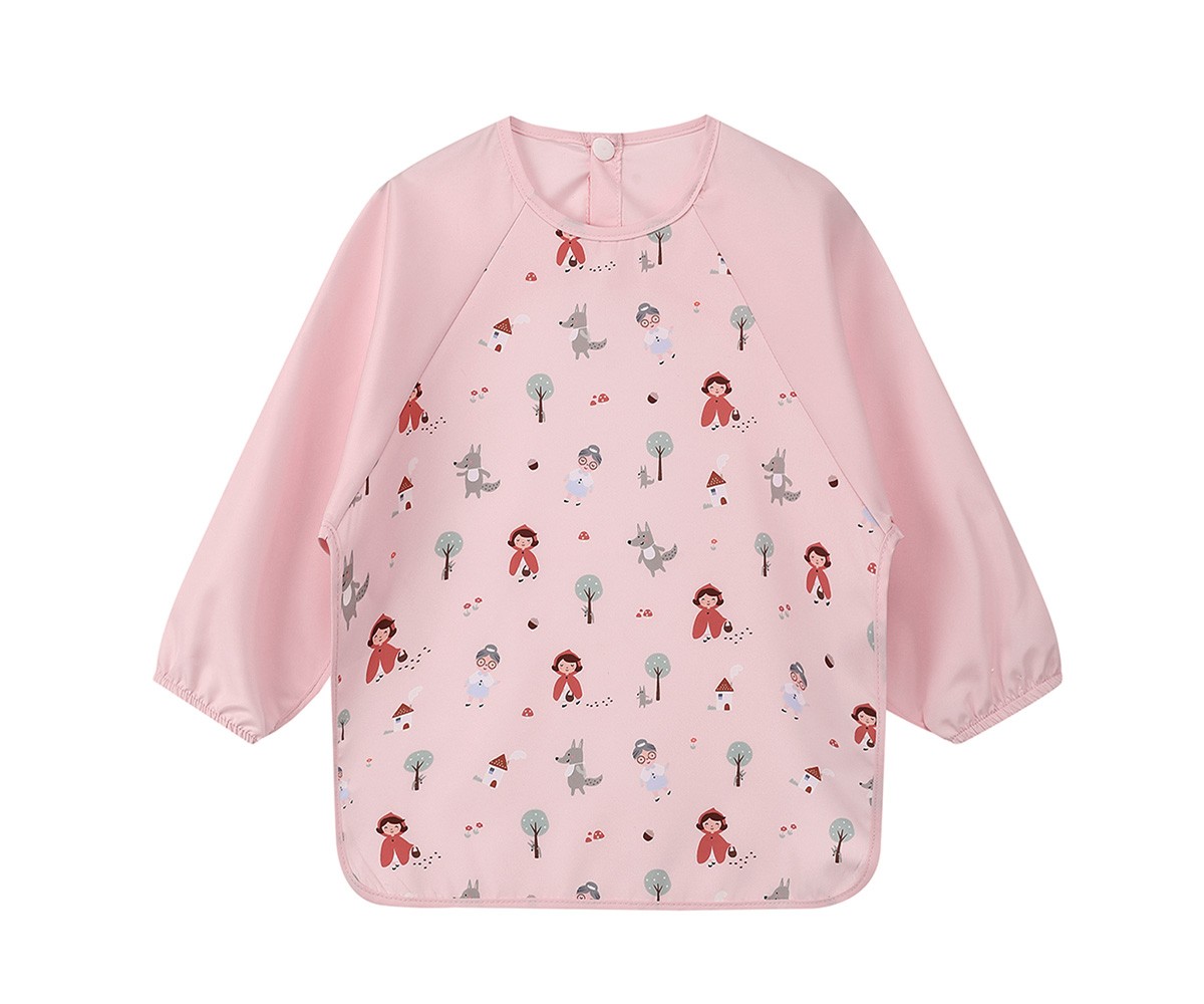 Babete rosa claro para criança com estampado de personagens e árvores