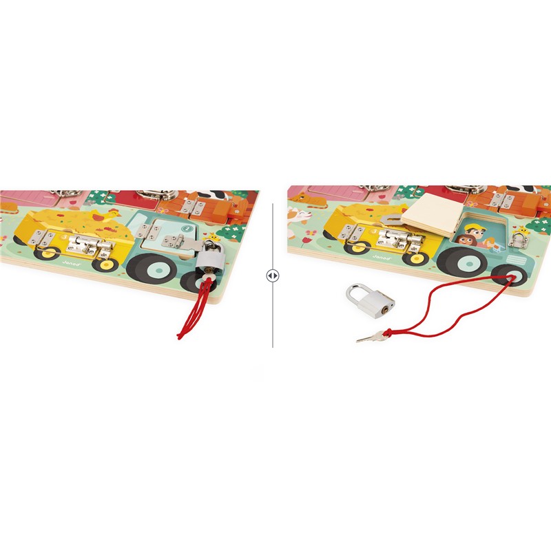 Quebra-cabeças de madeira com imagens de carros, trava metálica e chave vermelha