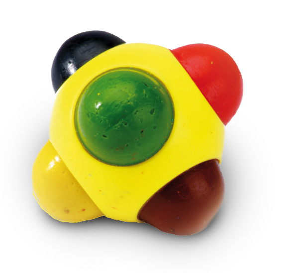 Brinquedo de plástico colorido com cinco bolas em várias cores fixadas num corpo amarelo.