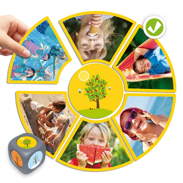 Jogo educativo com cartas ilustradas de crianças e dado cinzento com desenhos