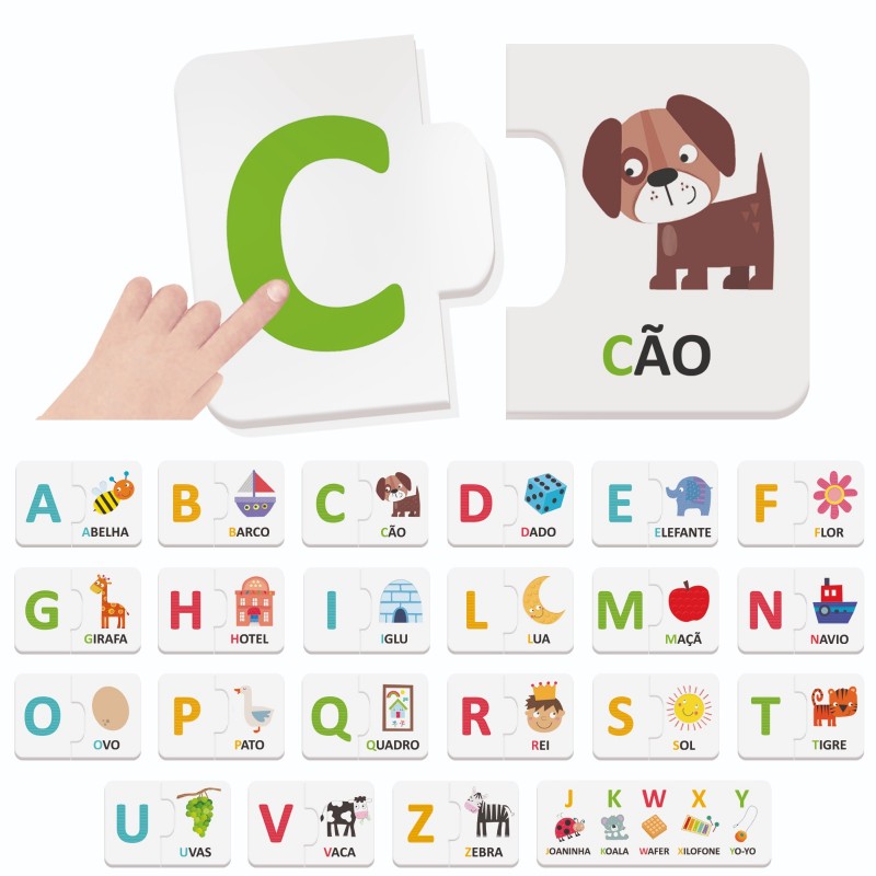 Cartões didáticos do alfabeto com figuras como cão, girafa, hotel, feitos em papel/cartão colorido, mão de criança segurando um cartão com a letra C