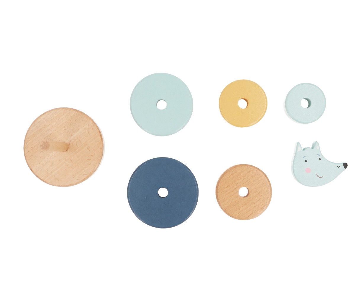 Brinquedo de madeira para empilhar com discos circulares coloridos e uma figura de lobo