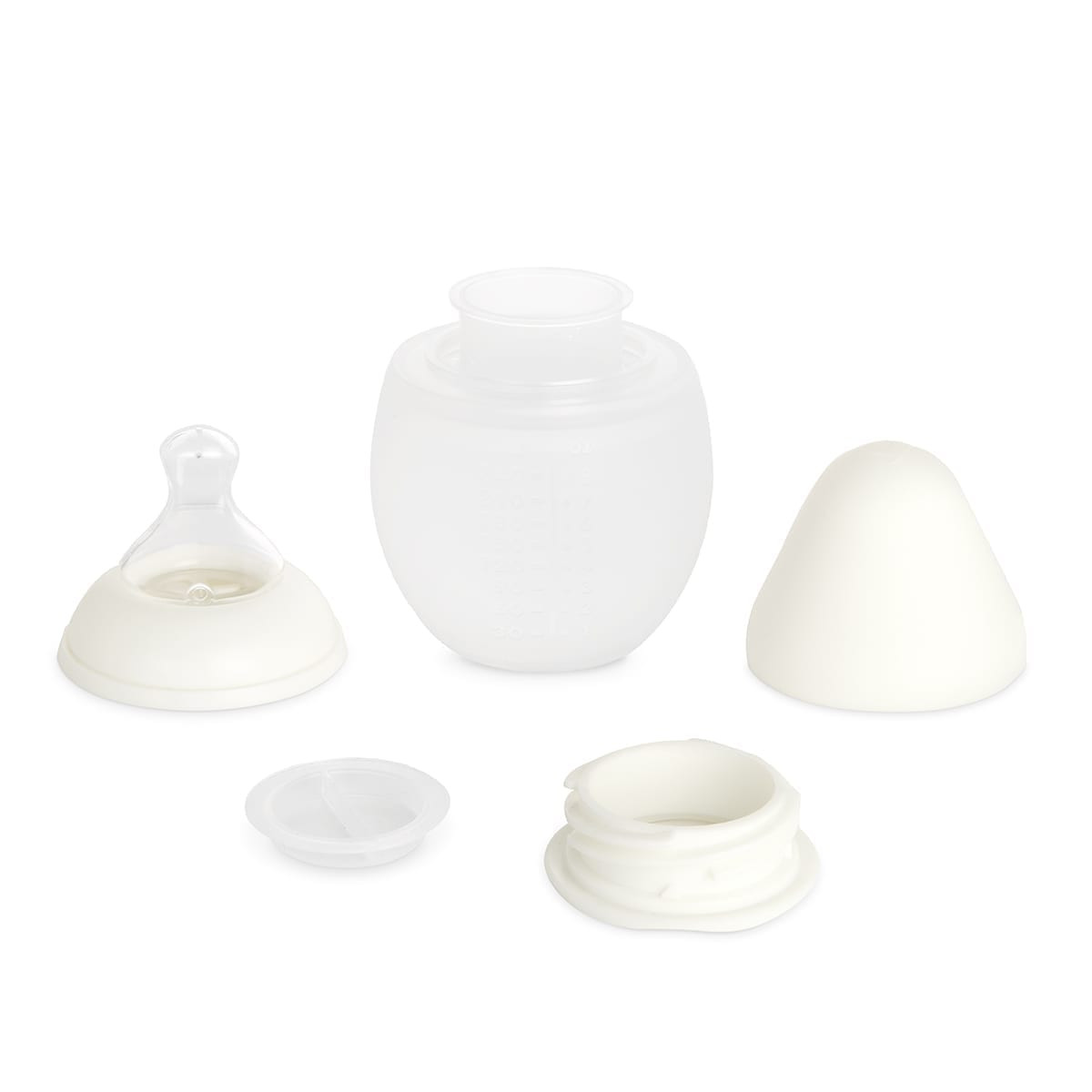Frasco de silicone translúcido com acessórios brancos desmontados