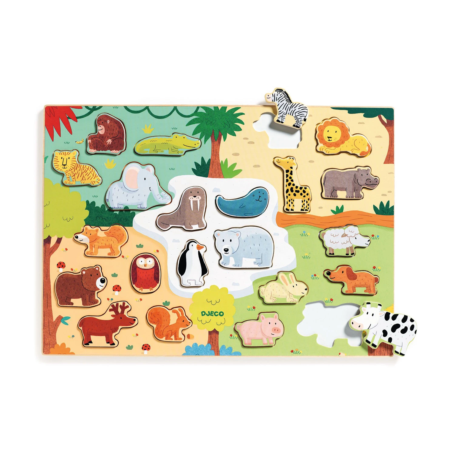 Quebra-cabeças de madeira colorido com animais selvagens e domésticos