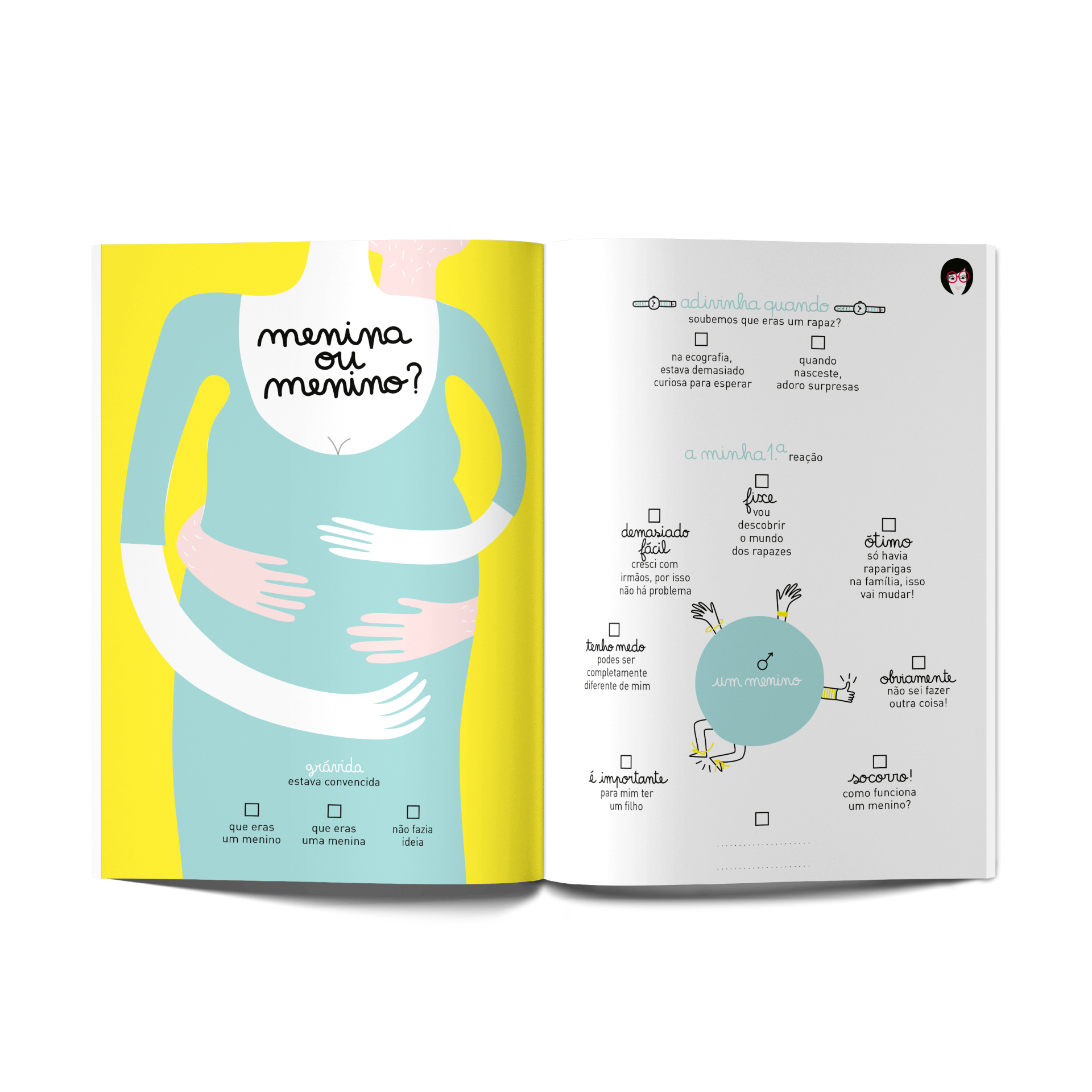 Livro aberto mostrando ilustração e texto em português com título 'menina ou menino?'.