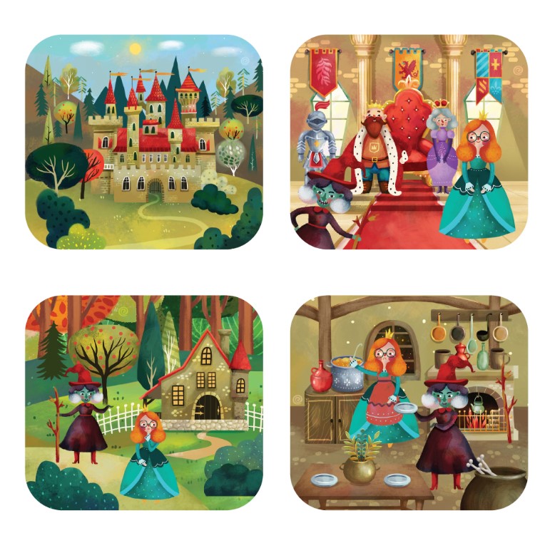 Ilustrações coloridas de cenas medievais em estilo cartoon