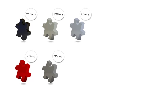 Peças de encaixe em forma de cruz com cores variadas e quantidades indicadas.