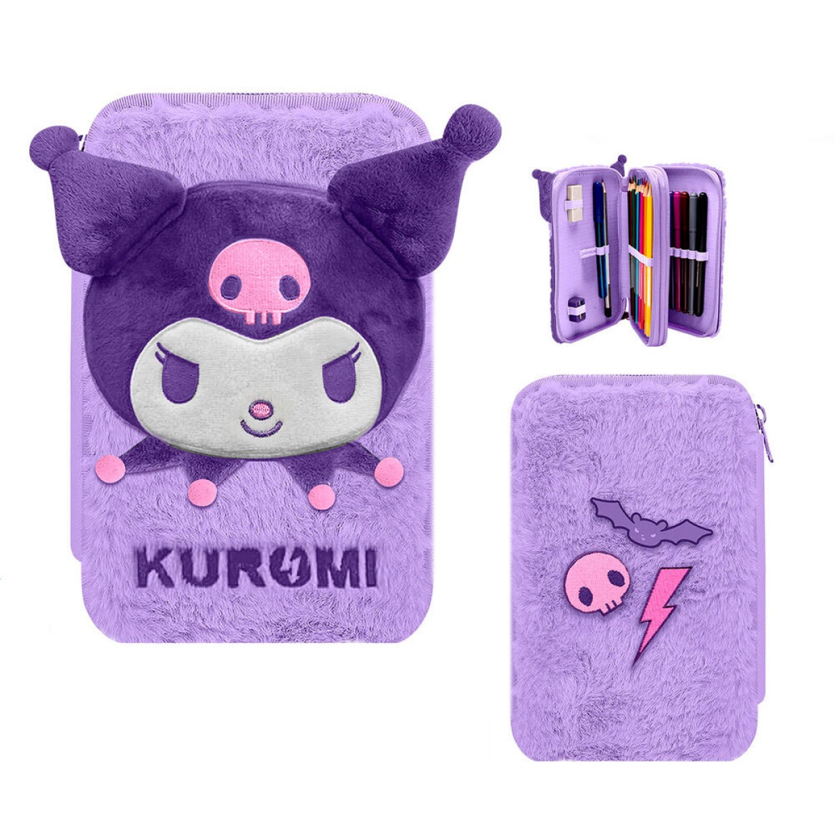 Estojo escolar pelúcia Kuromi lilás com personagens e texto
