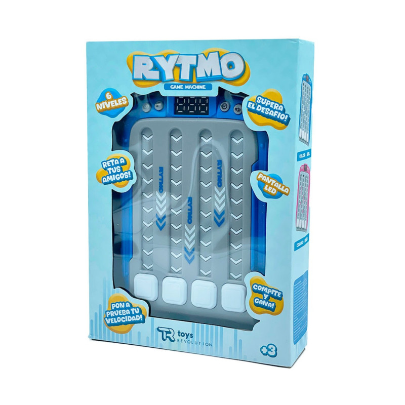 Jogo eletrónico RYTMO em caixa azul com painel de botões brancos e azul