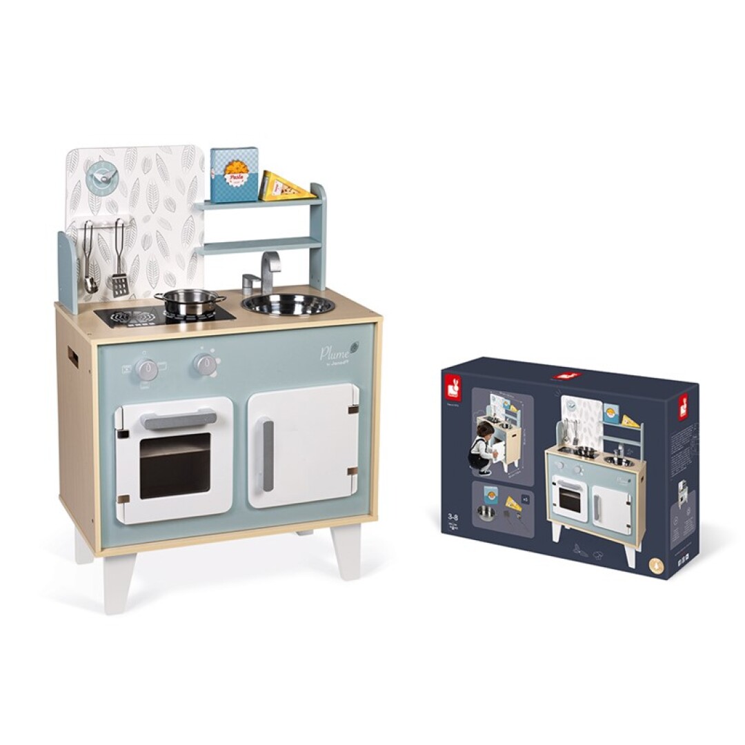 Cozinha de brincar em madeira azul com forno e pia, acessórios e embalagem