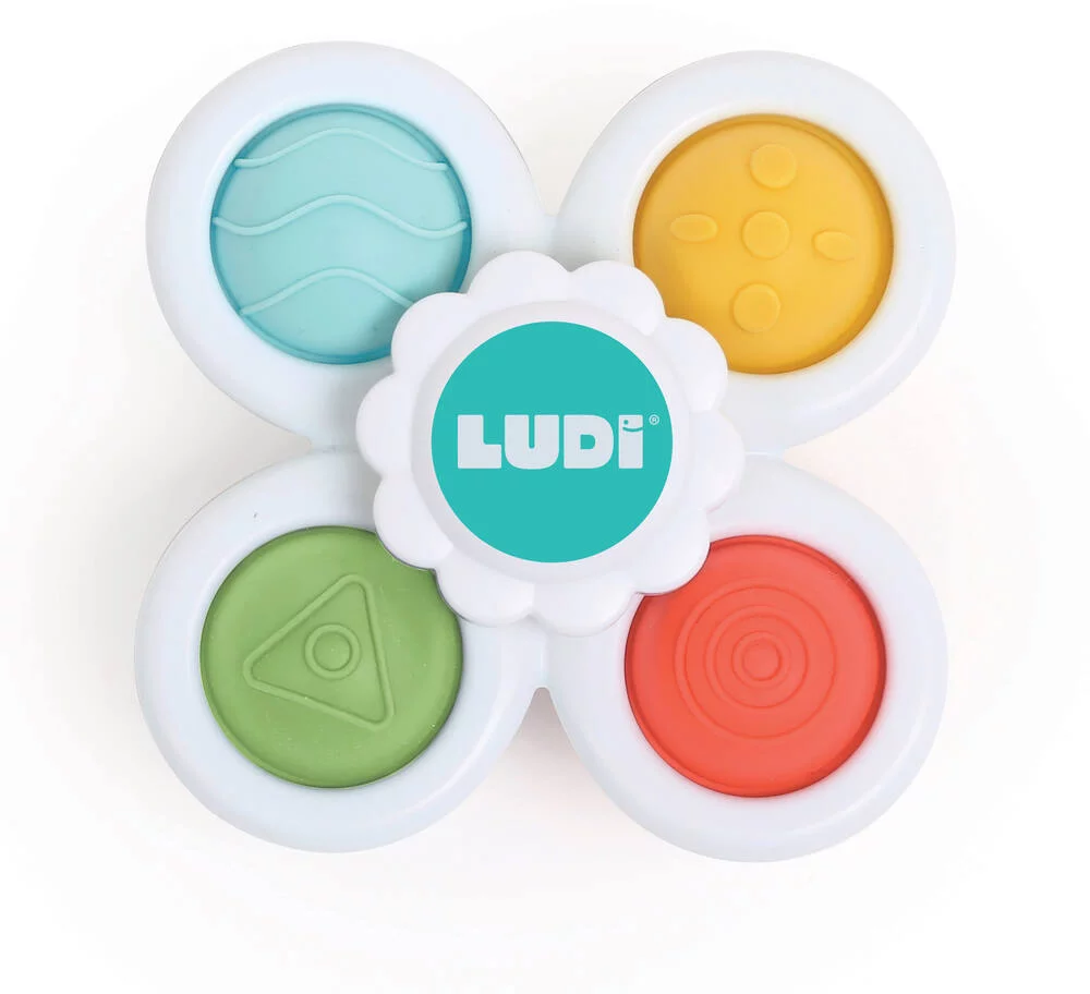 Brinquedo infantil colorido com botões texturizados e logo LUDI no centro
