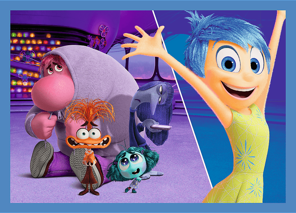 Personagens animados de filme Disney Pixar com fundo roxo e azul