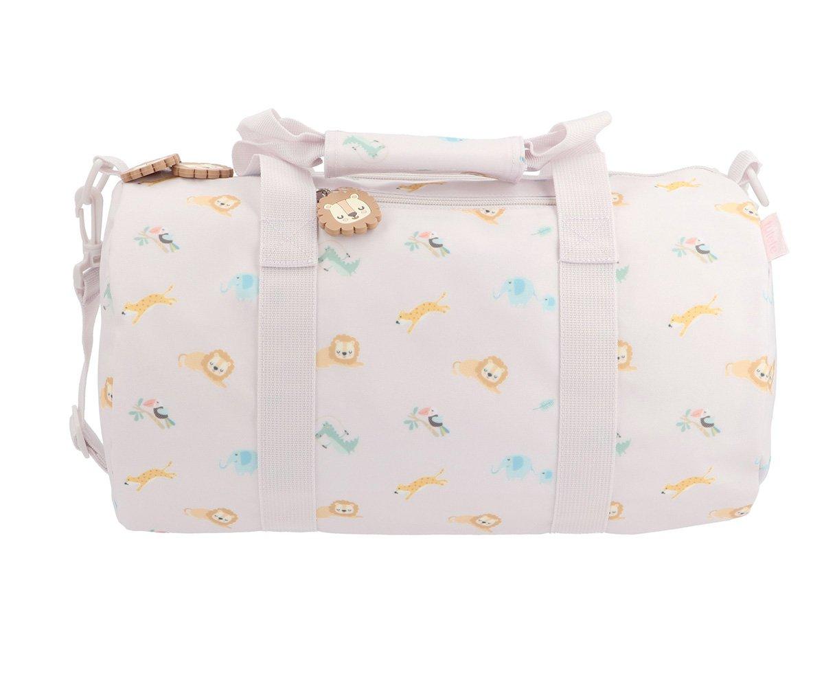 Mala saco cilíndrico creme com padrão de animais coloridos e alças creme