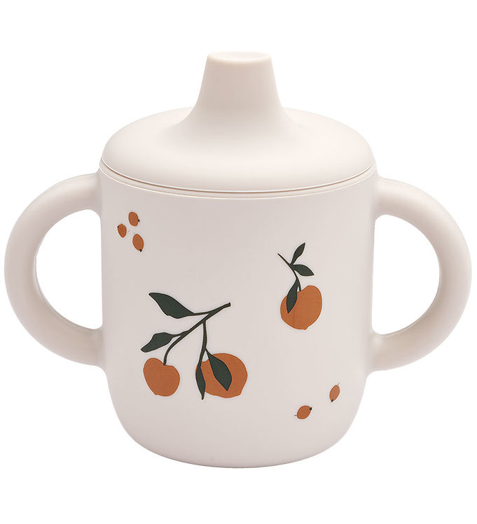 Caneca infantil branca com frutas laranja e duas pegas laterais