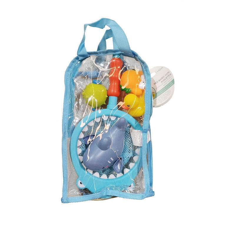 Conjunto de brinquedos de banho para crianças em saco transparente com bordas azuis