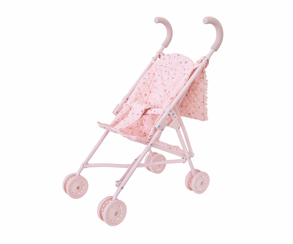 Carrinho de bebé de brincar cor-de-rosa com assento floral acolchoado e rodas duplas