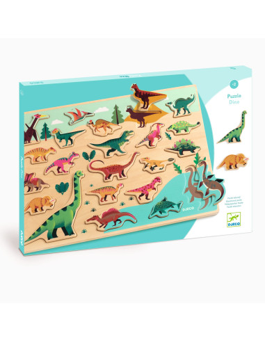 Puzzle de madeira com peças de dinossauros coloridos e embalagem azul e branca