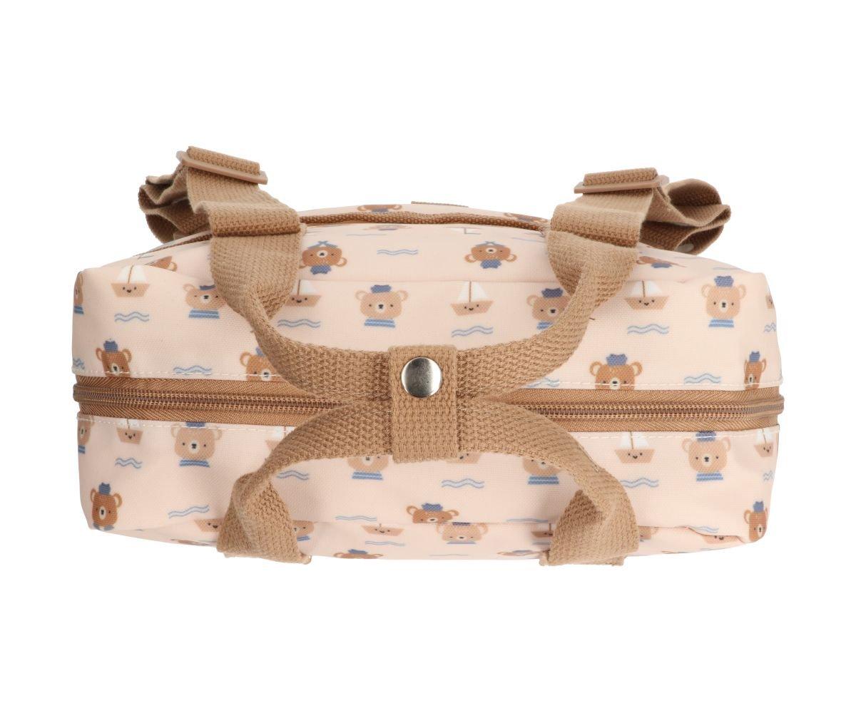 Mala pequena bege com padrão de ursos cor-de-rosa e alças bege