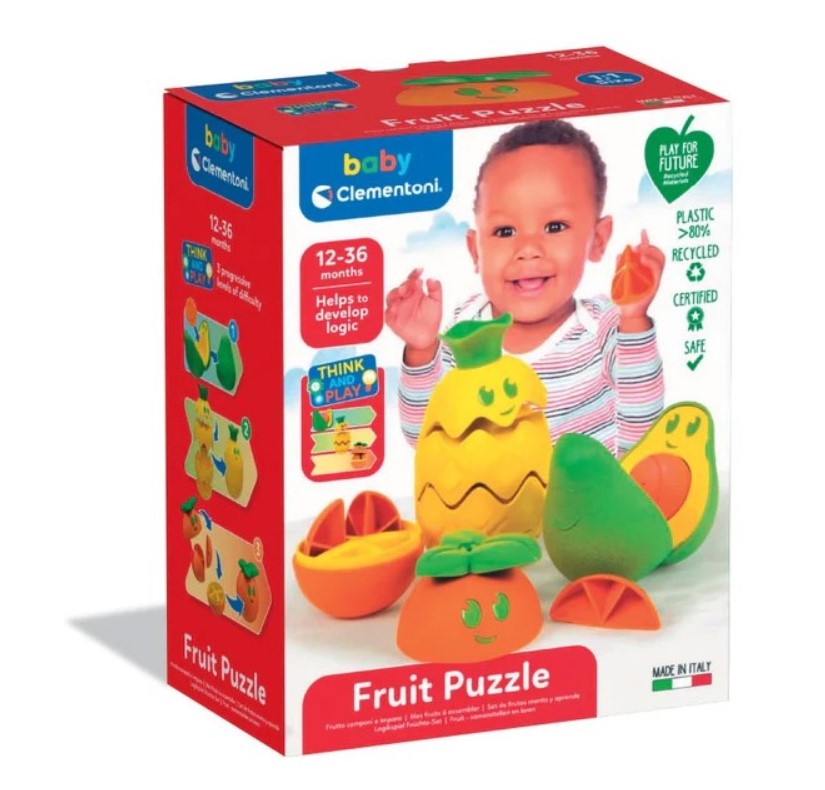 Caixa colorida do puzzle infantil Fruit Puzzle da Clementoni com frutas em plástico reciclado.