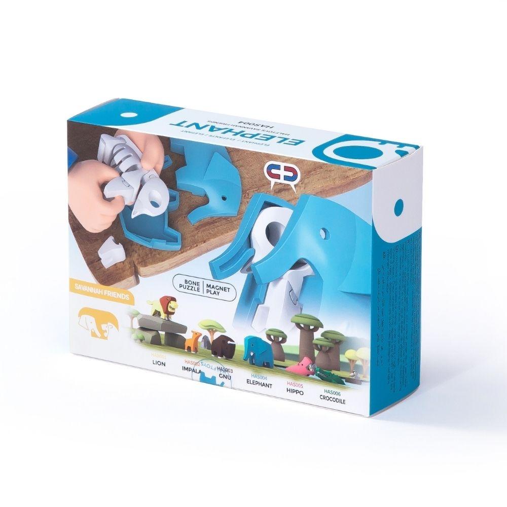 Brinquedo magnético azul em forma de elefante com caixa colorida