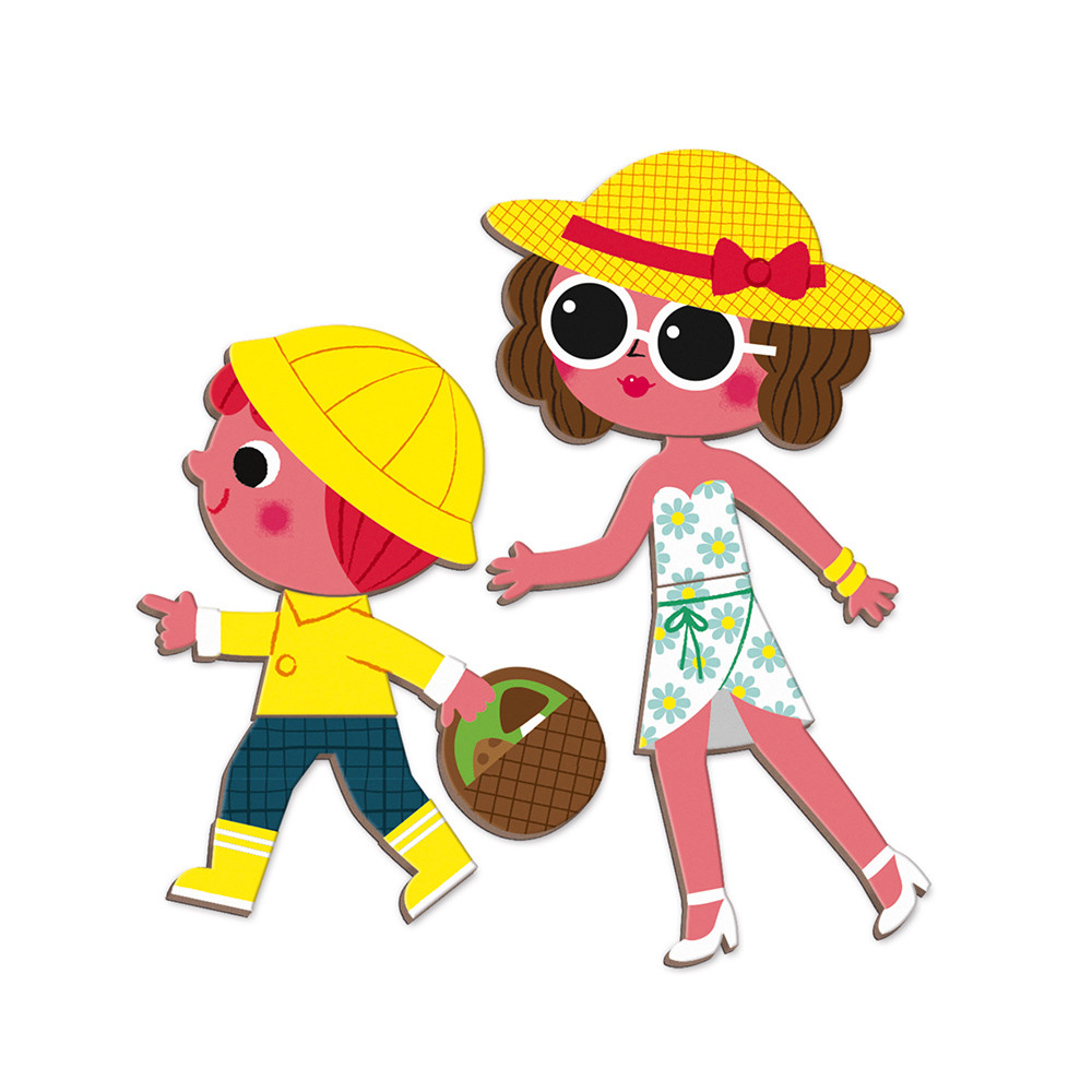 Ilustração de duas meninas em roupa de primavera, uma com impermeável e botas amarelas e outra com vestido floral e chapéu amarelo.