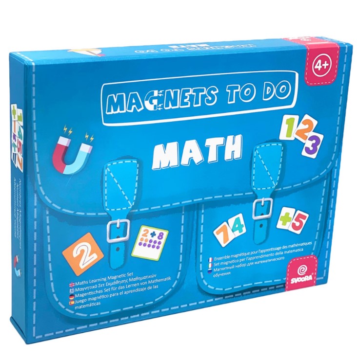Caixa azul 'MAGNETS TO DO MATH' com números coloridos e mala escolar ilustrada