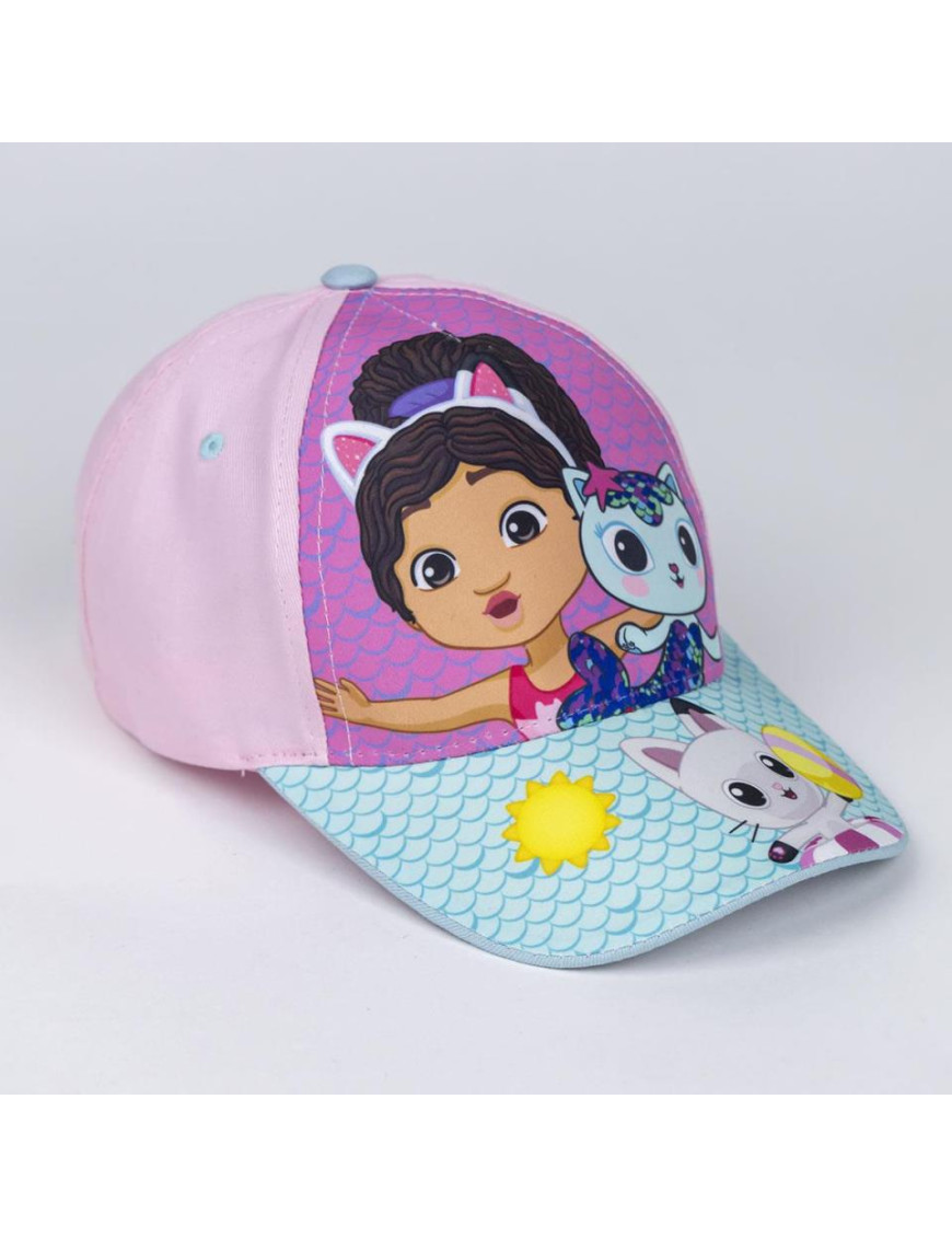 Boné infantil rosa com personagens coloridos e padrão de escamas azul claro