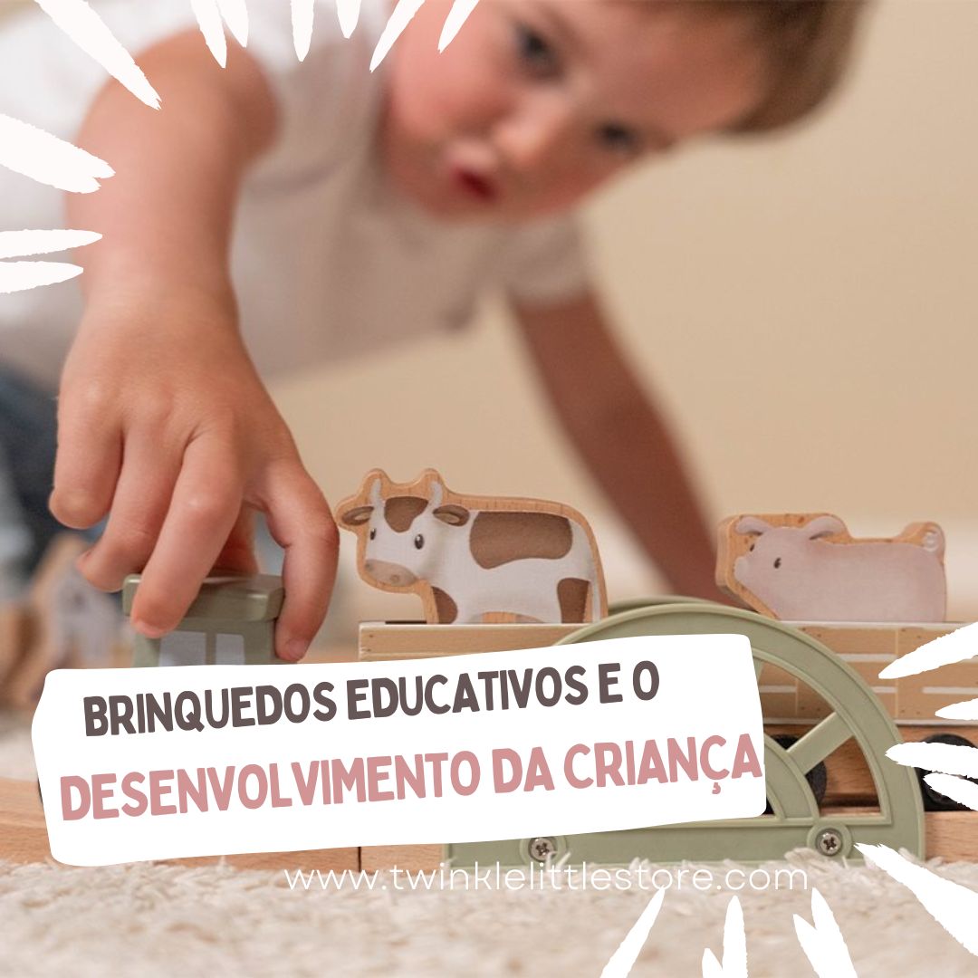 Brinquedos Educativos e o Desenvolvimento das Crianças Criança a brincar com brinquedos educativos de madeira com animais em tons naturais