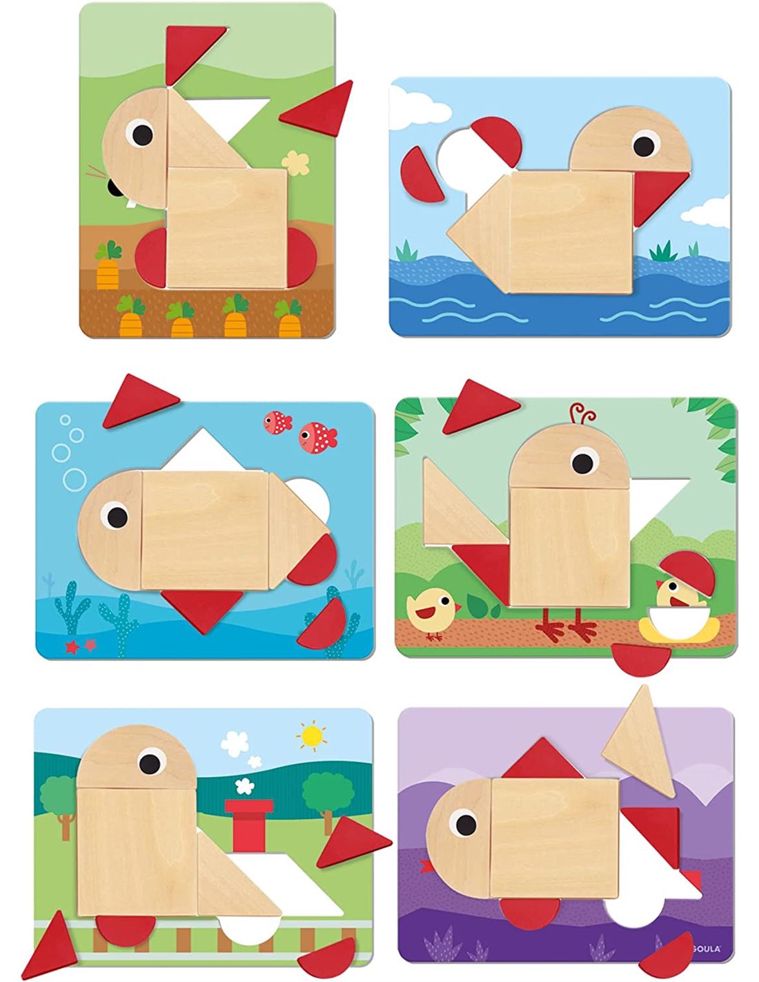 Conjuntos de painéis ilustrados com peças de madeira para montagem de animais.